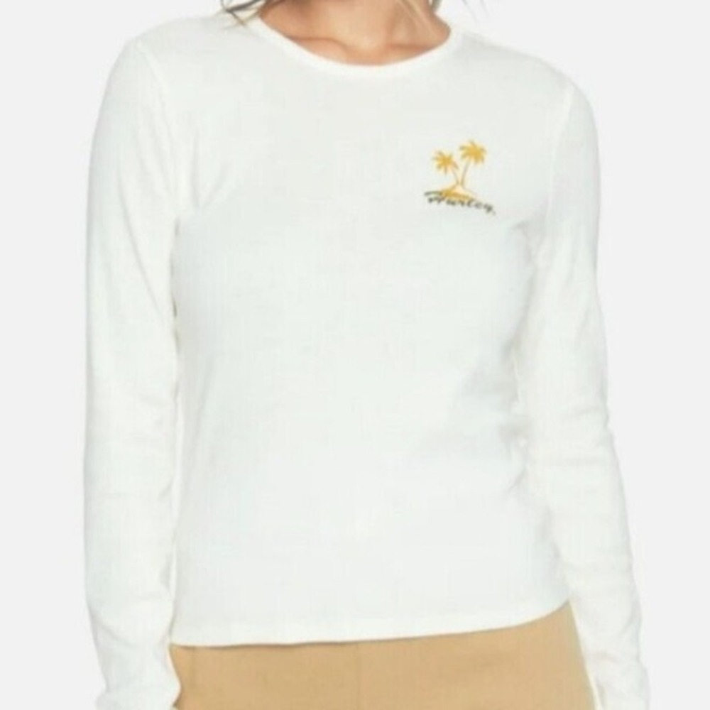 Hurley T Shirt Women's Size L Marshmallow White Long Sleeve Rib Baby Graphic Tee